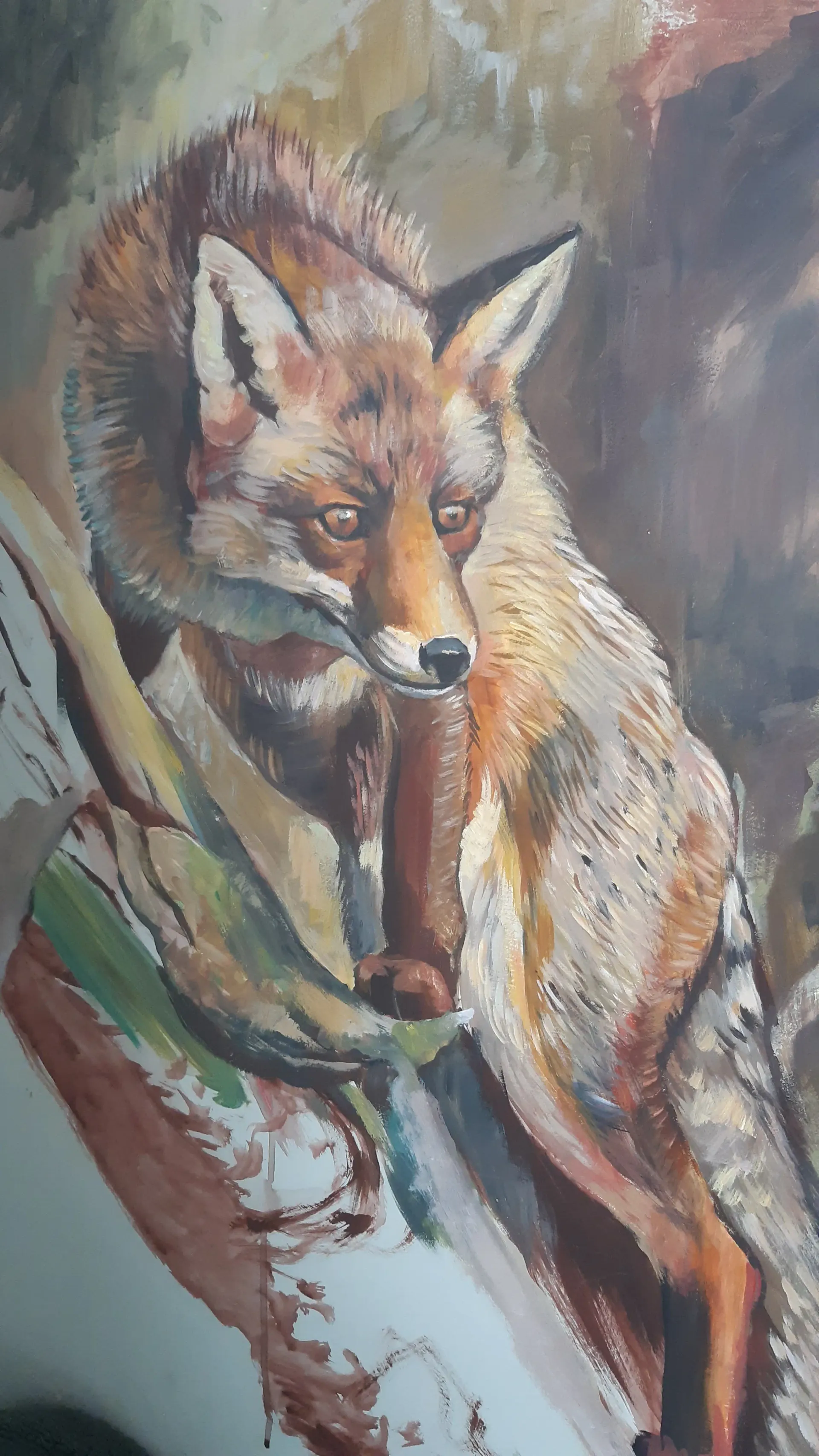 Oil painting of a sleeping fox curled among branches